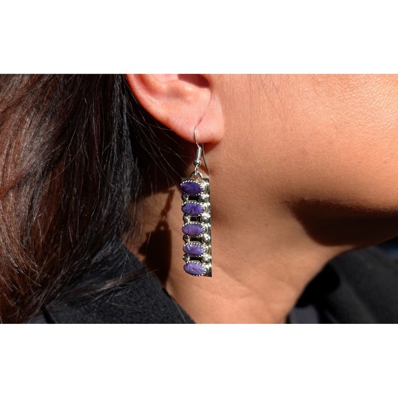 Navajo Charoite Dangle Earrings Sterling Silver Native American Jewelry Signed * - Picture 6 of 10